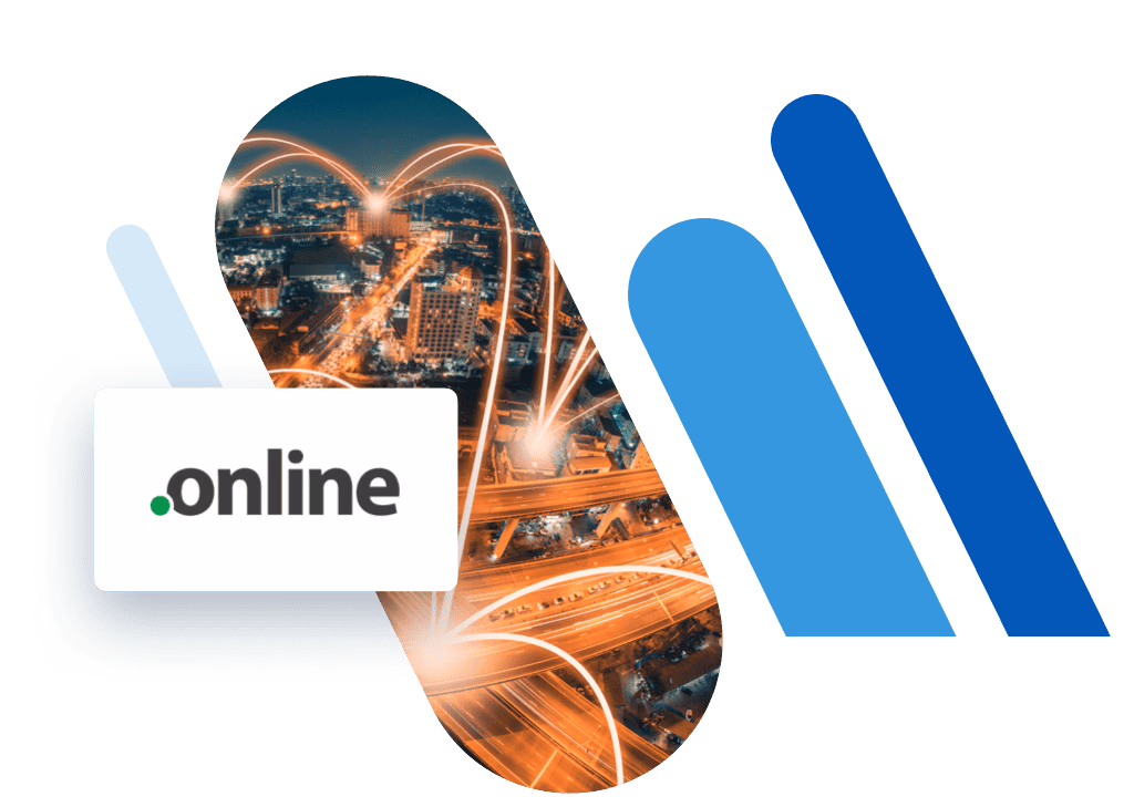 Logo del dominio.online, de fondo puntos de una ciudad interconectados