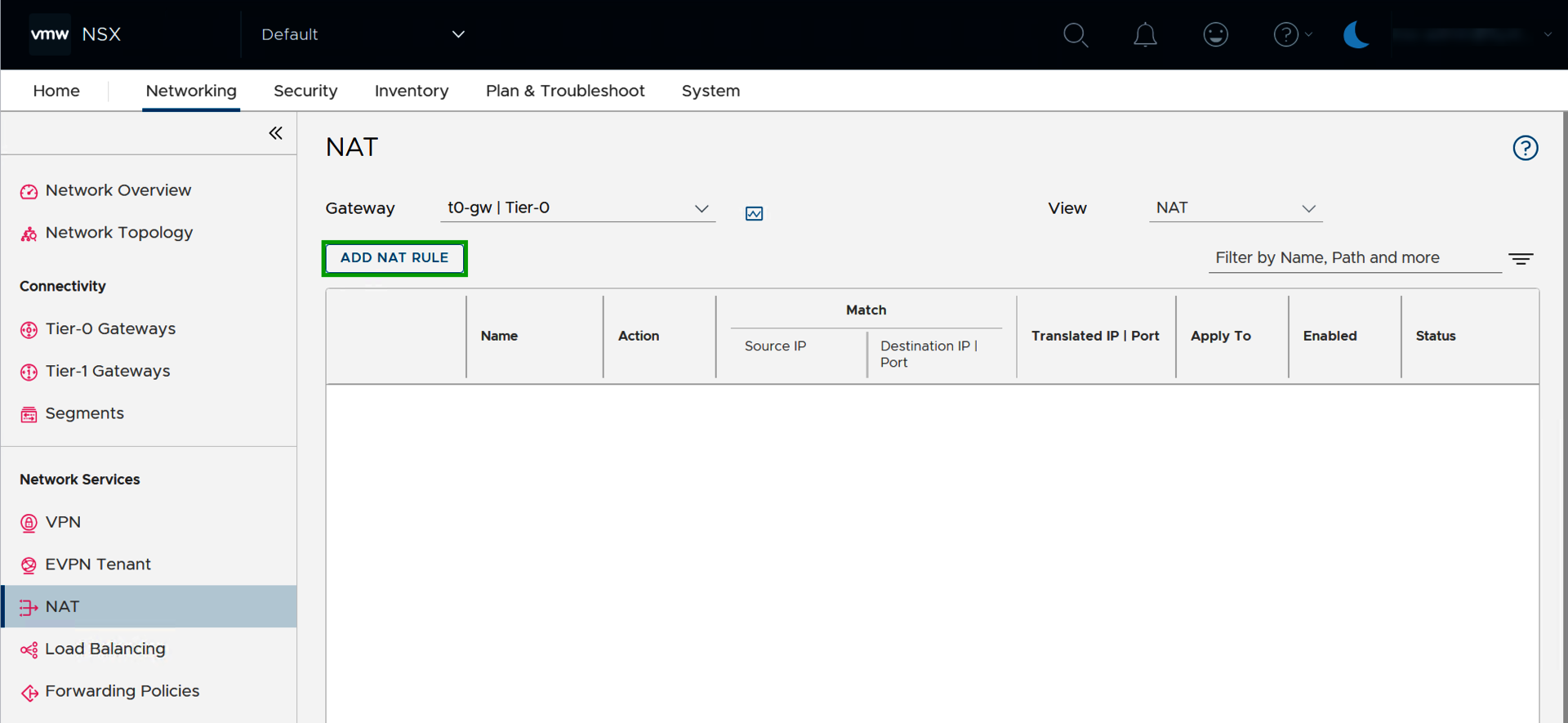 Captura de pantalla: en «NSX Manager», se muestra la sección «Networking > NAT». En esta sección, se resalta la opción «ADD NAT RULE».