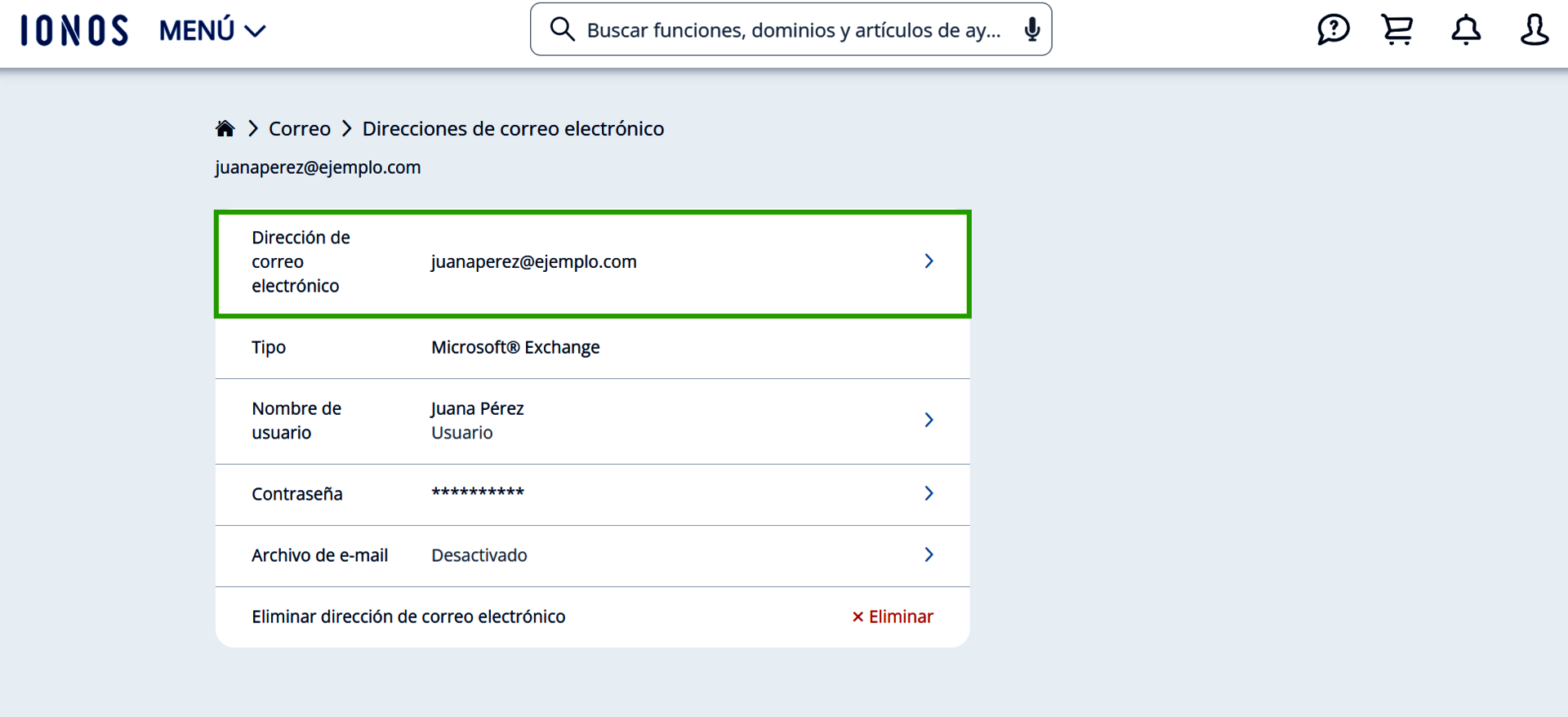 Captura de pantalla: en la página con los detalles de la dirección de correo electrónico, el campo dirección de correo electrónico está resaltado
