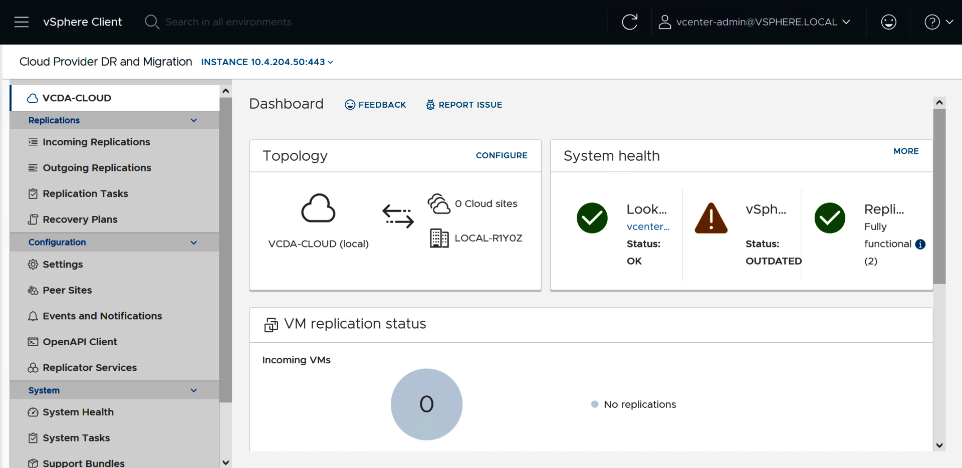 Screenshot:Der Bereich Cloud Provider DR und Migration im vSphere Client wird angezeigt. In diesem Bereich werden verschiedene Optionen zur Replikation, zur Konfiguration und zum System angezeigt.