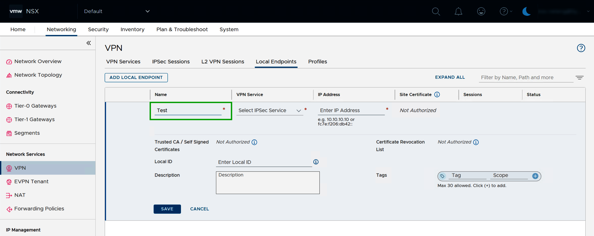 Captura de pantalla: en «NSX Manager», se muestra la sección «Networking > VPN». En esta sección, se resalta el campo «Enter name» en la pestaña «Local Endpoints».