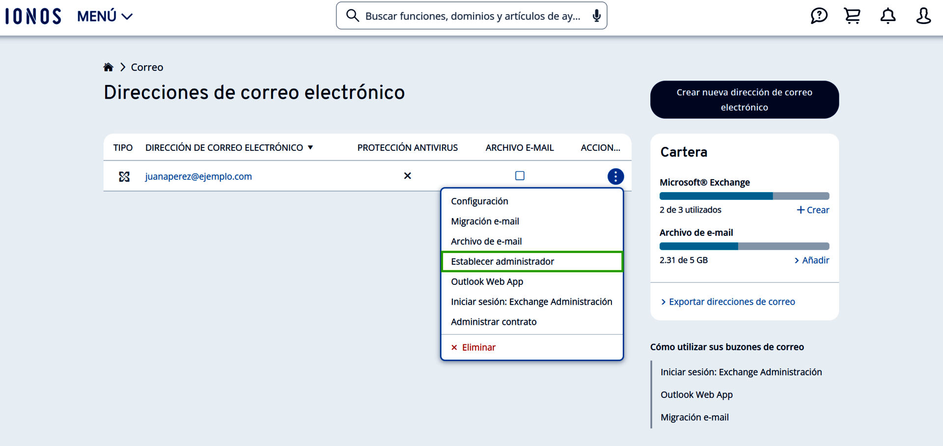 Captura de pantalla: en la sección de direcciones de correo electrónico, aparece señalada la opción para asignar un administradora a una dirección 