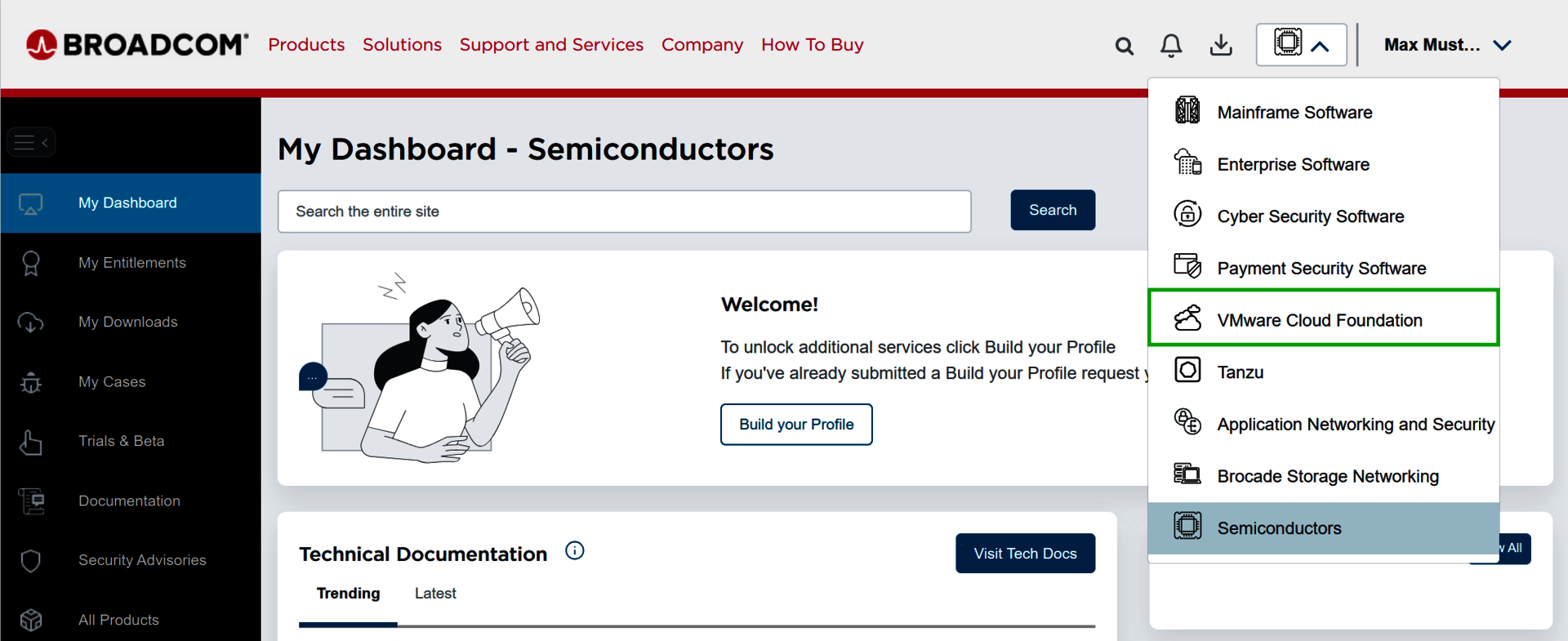 Captura de pantalla: en el panel de Broadcom se muestra una lista debajo del símbolo del procesador. En esta lista se resalta la entrada de menú VMware Cloud Foundation