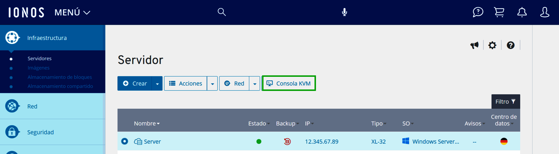 Captura de pantalla: opciones de consola señaladas en en Cloud Panel