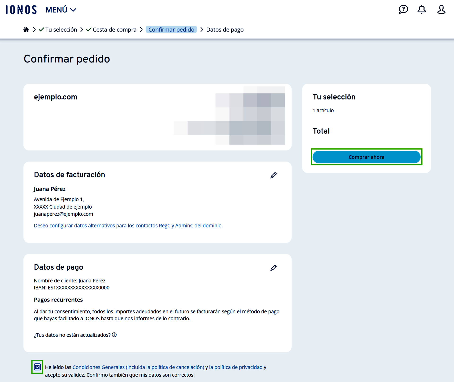 Captura de pantalla: página con un resumen de los datos del pedido, los datos bancarios y de contacto almacenados. Se resalta el botón para realizar la compra