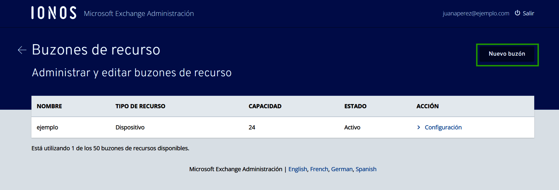 Captura de pantalla: sección de buzones de recurso, donde se resalta el botón para crear un nuevo buzón
