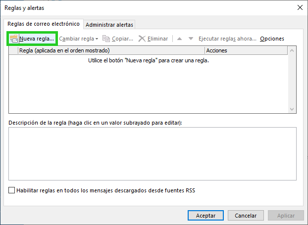 Captura de pantalla: se resalta el botón para añadir una nueva regla