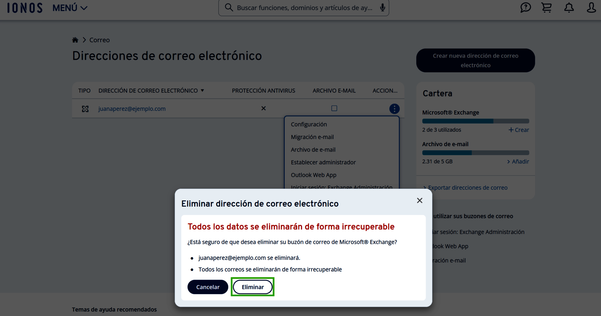 Captura de pantalla: menú desplegable donde aparece resaltada la opción para eliminar la dirección