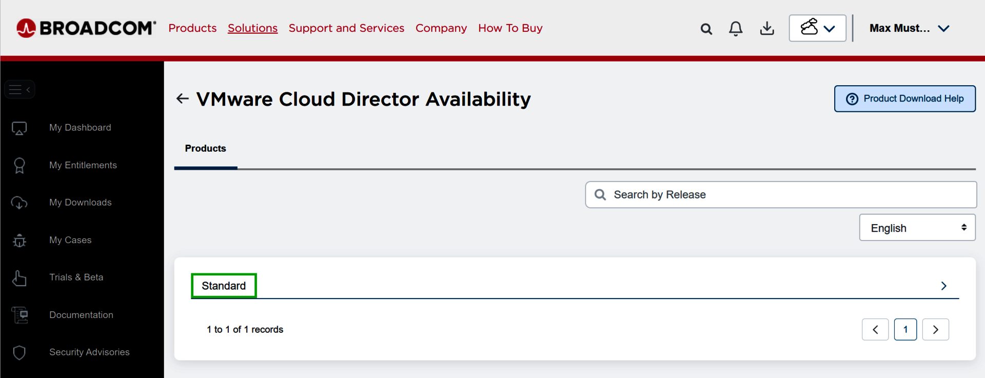 Captura de pantalla: en el portal de Broadcom se muestra la página Free Downloads. En esta página, la entrada VMware Cloud Director Availability se resalta en la lista de resultados de búsqueda