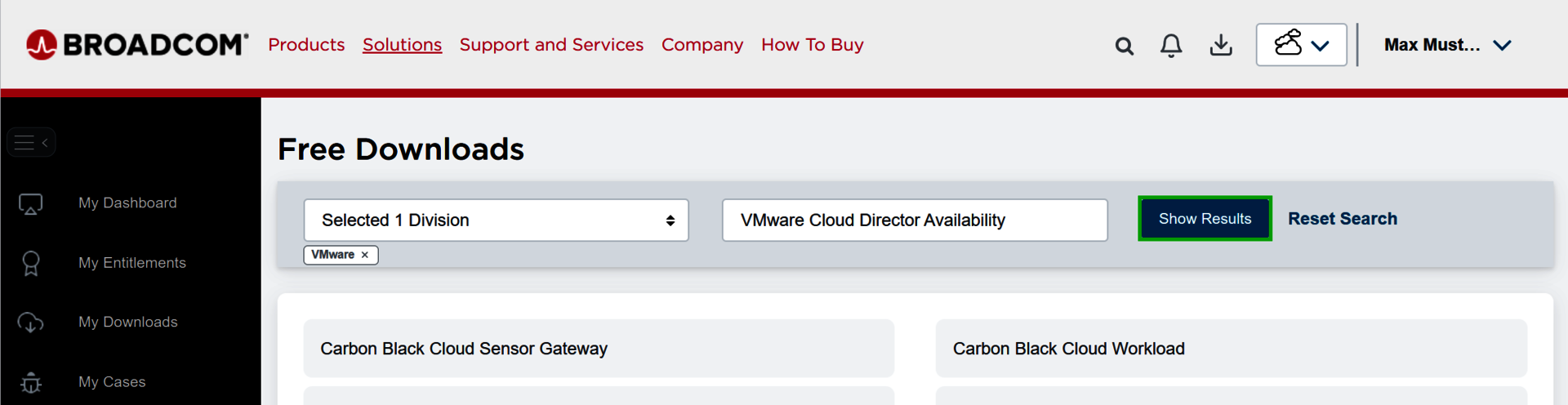 Captura de pantalla: en el portal de Broadcom se muestra la página Free Downloads. En esta página hay un botón que se resalta y en el que se lee Show Results
