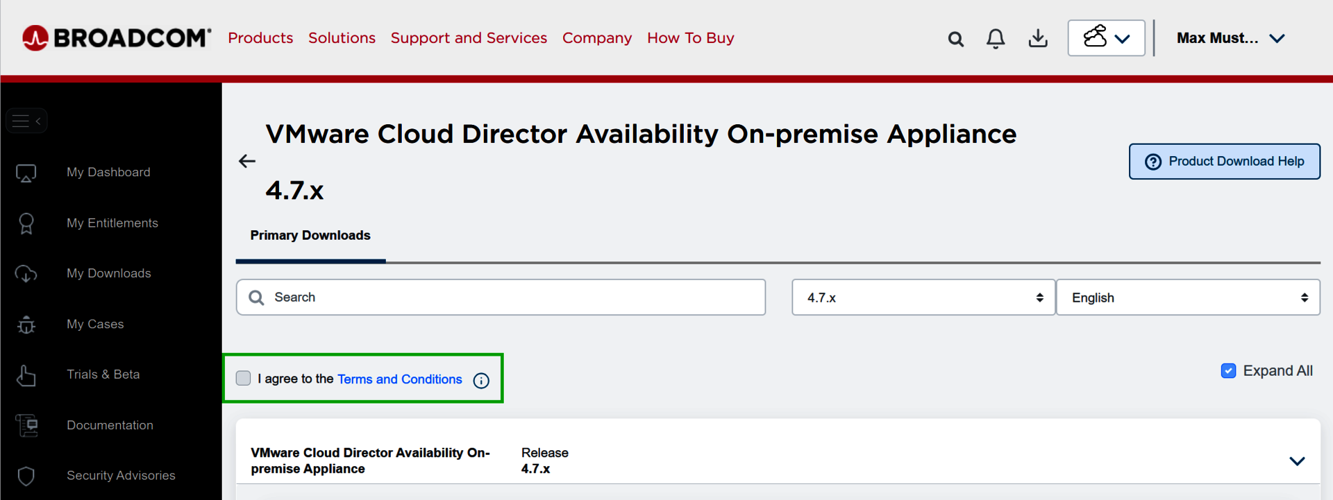 Captura de pantalla: en el portal de Broadcom se muestra la página VMware Cloud Director Availability On-premise Appliance. En esta página, la casilla de verificación para aceptar los términos de uso está resaltada