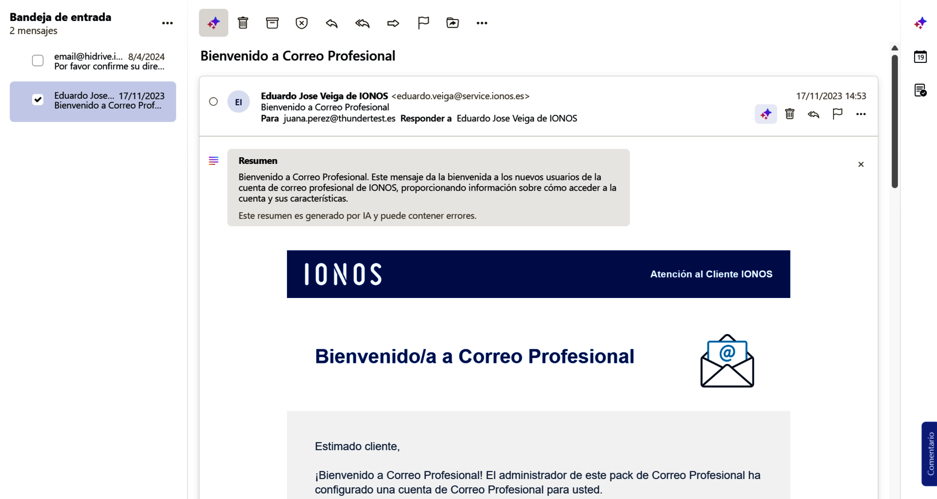 Captura de pantalla: se muestra un resumen encima del correo original recibido en la bandeja de entrada