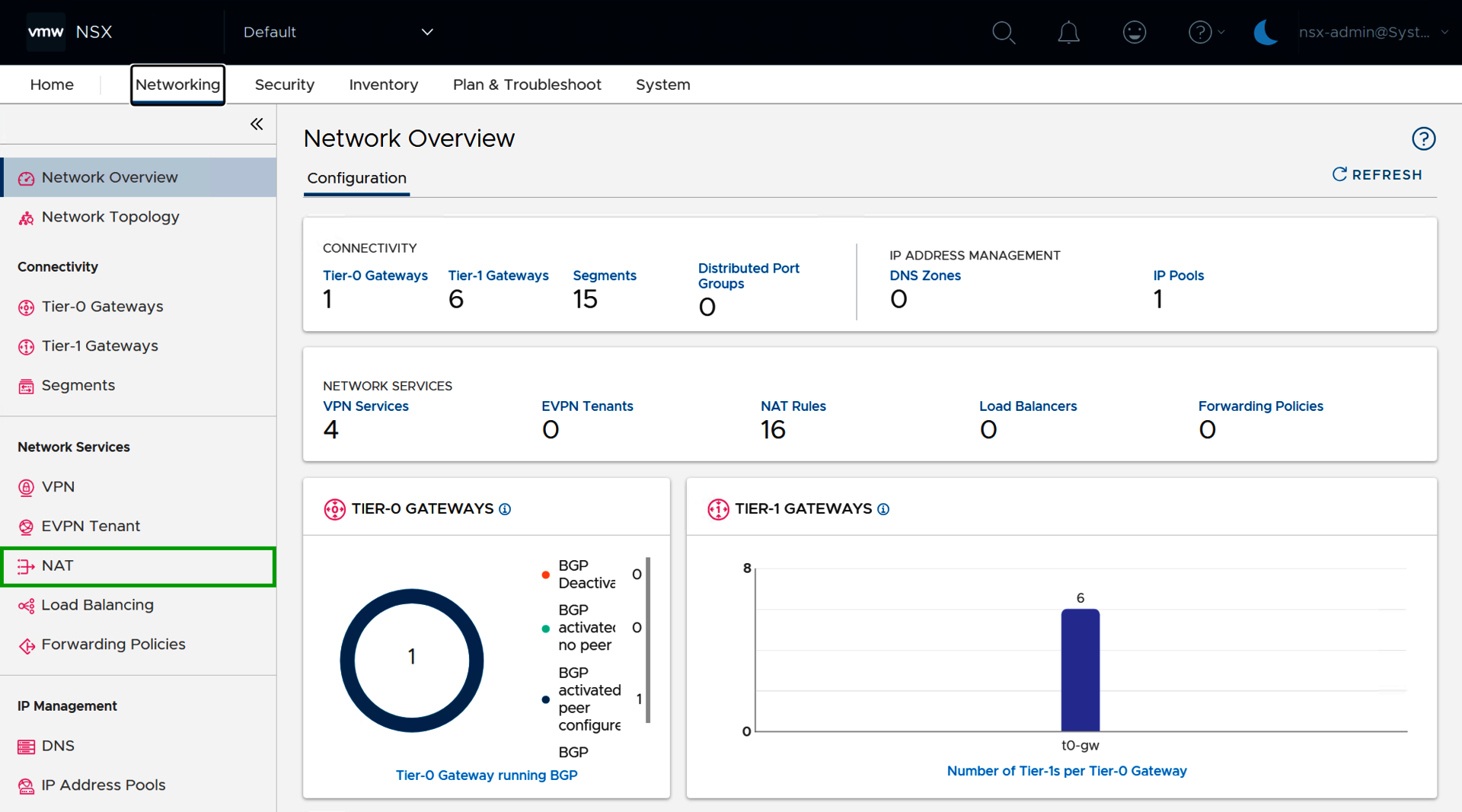 Captura de pantalla: en «NSX Manager», se muestra la pestaña «Networking». En esta sección, se resalta la opción NAT en la barra de navegación izquierda.