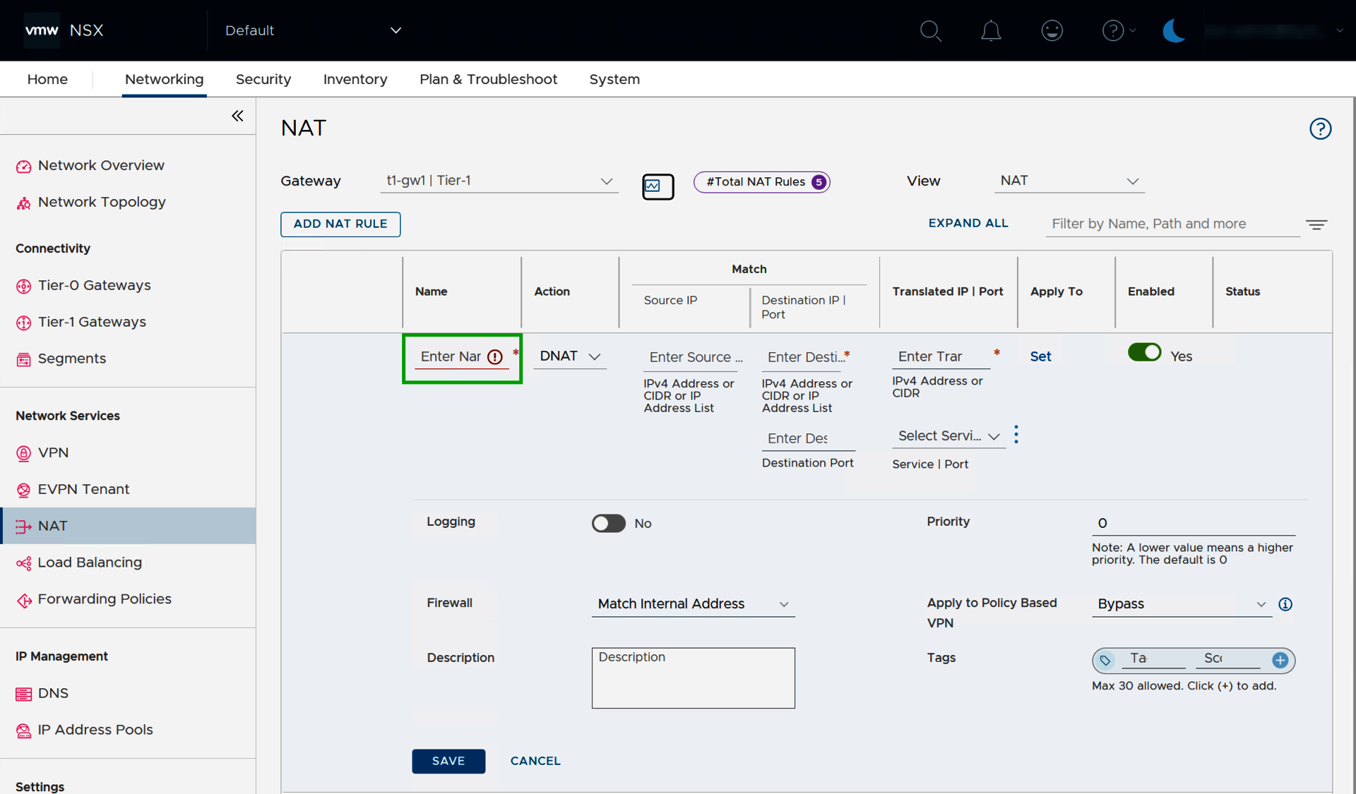 Captura de pantalla: en «NSX Manager», se muestra la sección «Networking > NAT». En esta sección, se resalta el campo «Enter Name» para una nueva regla NAT.