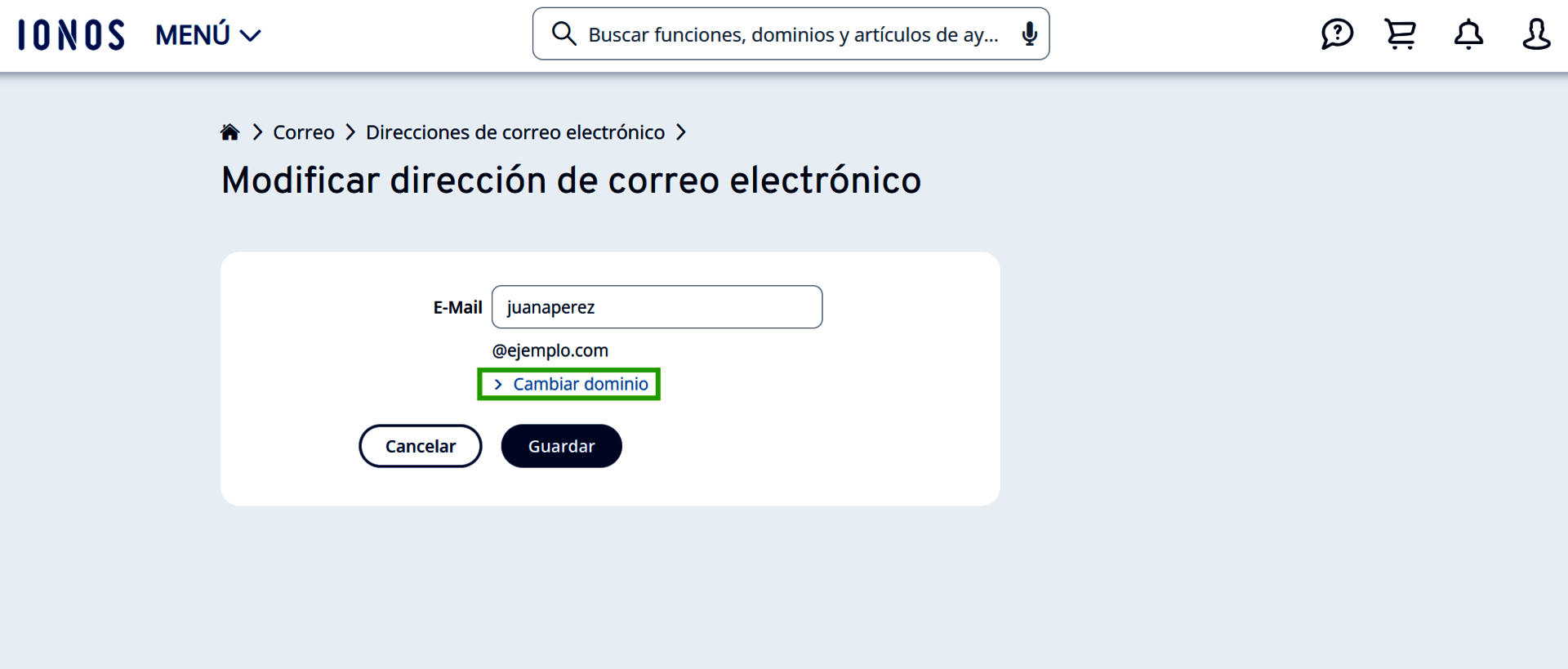 Captura de pantalla: se resalta el enlace para cambiar el dominio
