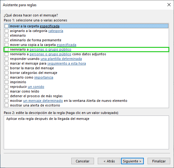 Captura de pantalla: se muestran las acciones disponibles en el asistente para reglas