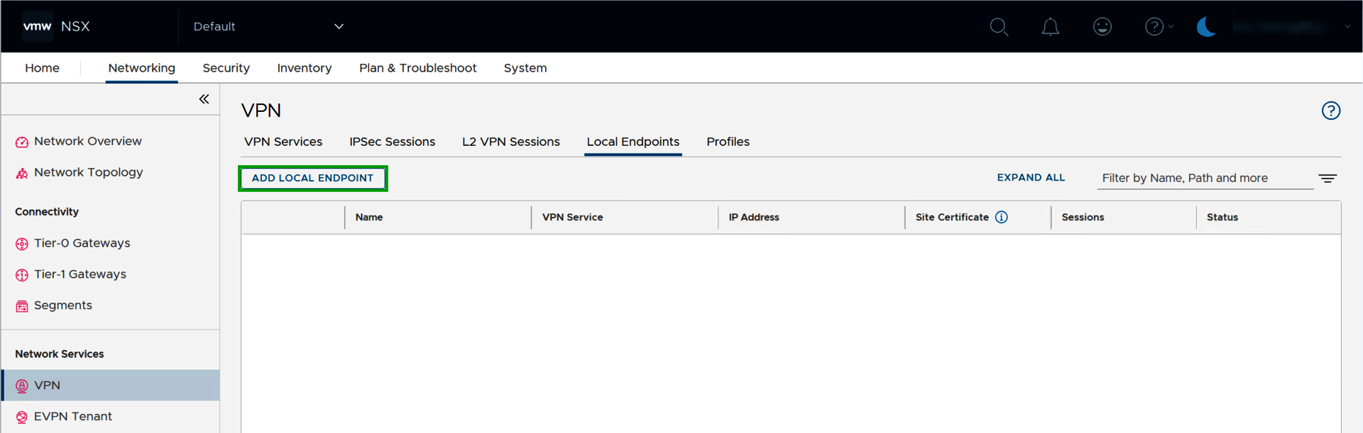 Captura de pantalla: en «NSX Manager», se muestra la sección «Networking > VPN». En esta sección, se resalta «ADD LOCAL ENDPOINT» en la pestaña «Local endpoint»