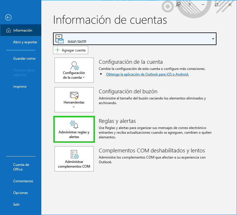 Captura de pantalla: se resalta el botón para gestionar reglas y notificaciones