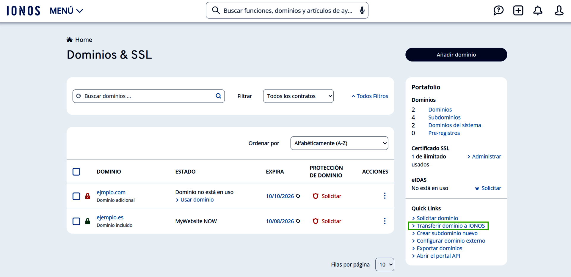 Captura de pantalla: interfaz de usuario de la sección Dominios y SSL en la cuenta IONOS. El enlace para transferir dominio a IONOS" está resaltado