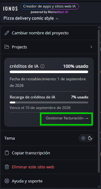 Captura de pantalla: menú del Creador de apps y sitios web IA desplegado con la opción para gestionar facturación marcada