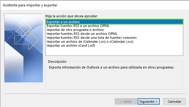 Captura de pantalla: se muestra la ventana con el asistente para importar y exportar. En esta ventana, se destaca la opción para exportar datos.