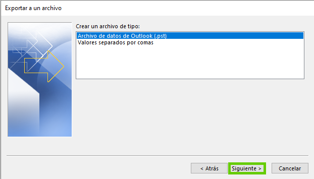 Figura: se muestra la ventana para exportar datos. En esta ventana, se destaca la opción para continuar.