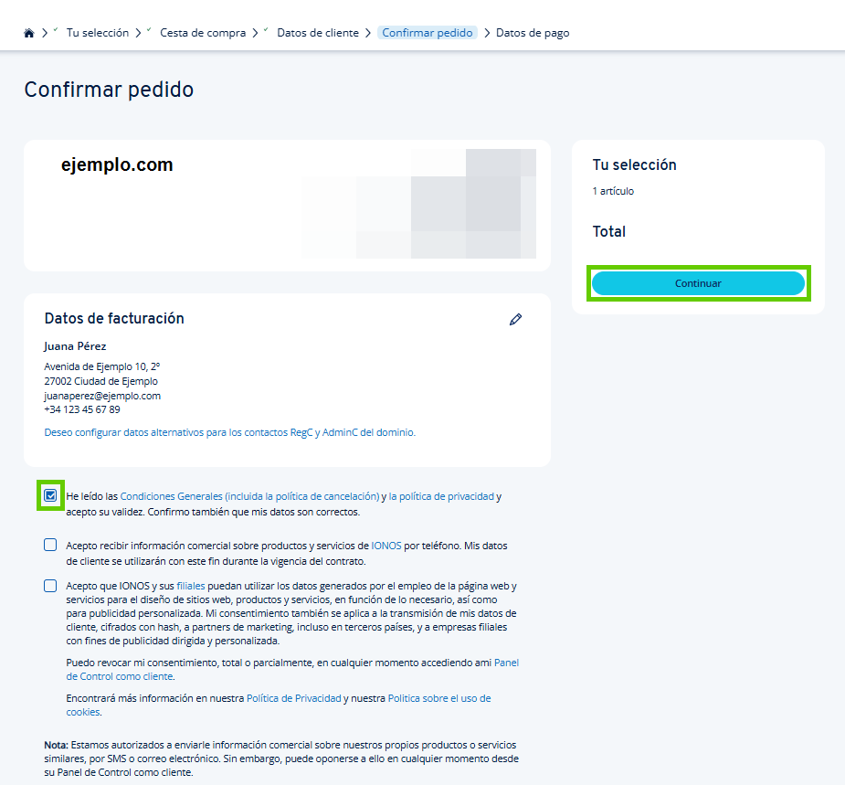 Captura de pantalla: resumen del pedido con los datos de contacto y la casilla para confirmar las condiciones generales de IONOS