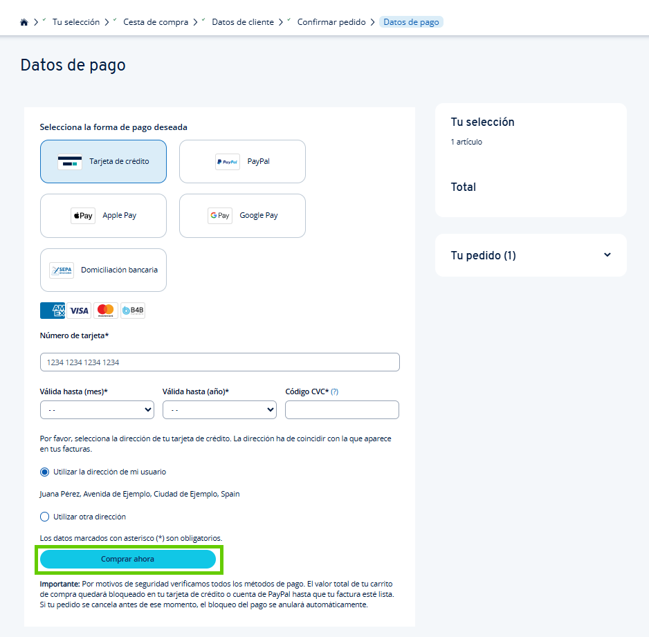 Captura de pantalla: selección de la forma de pago para introducir los datos bancarios y titular. Se confirmará con el botón para realizar la compra de transferencia resaltado.