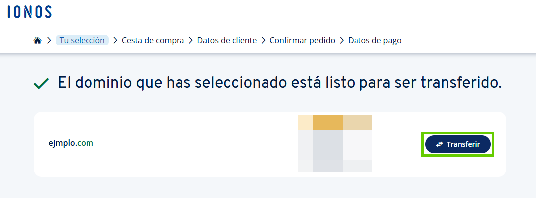 Captura de pantalla: página de confirmación de que el dominio example.com está listo para trasladarse a IONOS con el botón para transferir