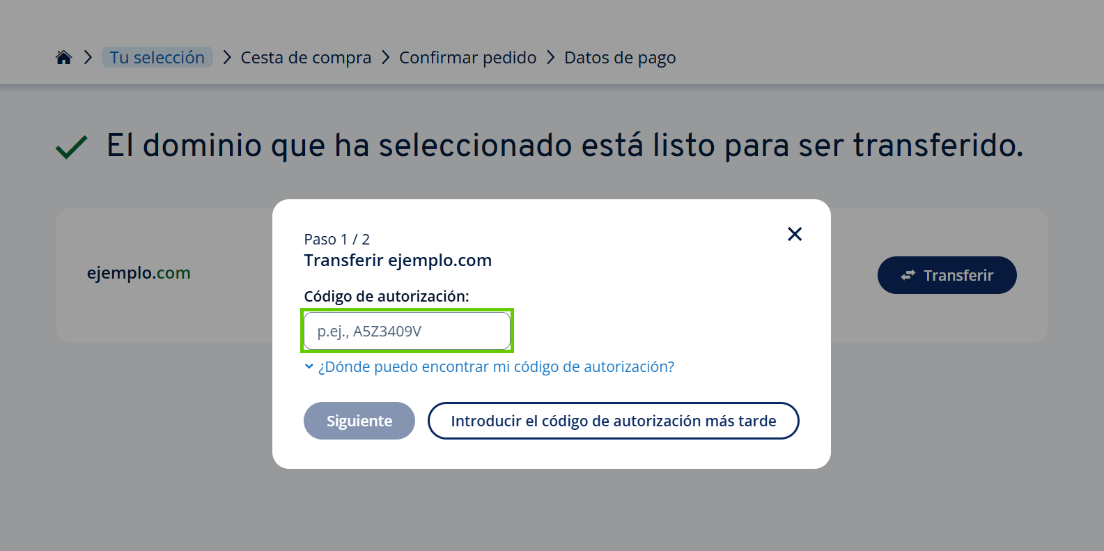 Captura de pantalla: ventana de diálogo para introducir el código de autorización para la transferencia del dominio ejemplo.com