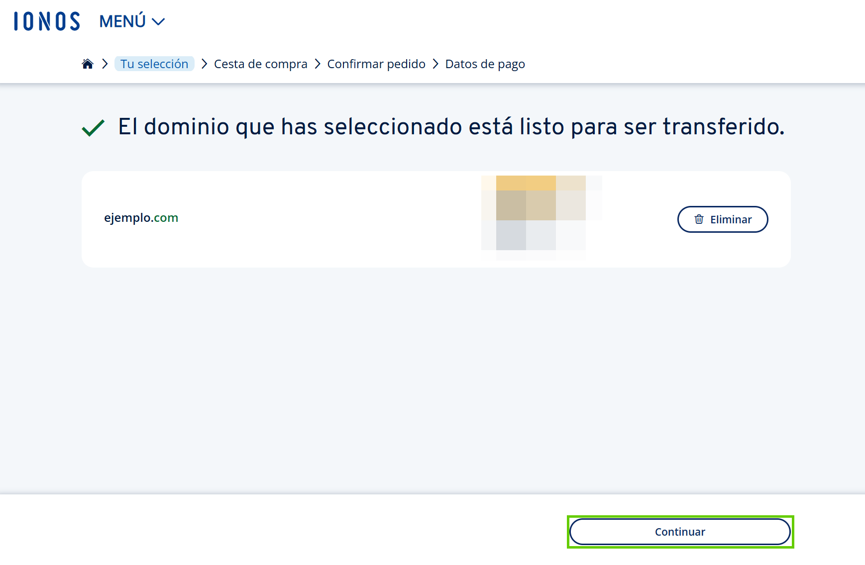 Captura de pantalla: página de confirmación de que el dominio ejemplo.com está listo para su transferenci con el botón para continuar en la parte inferior