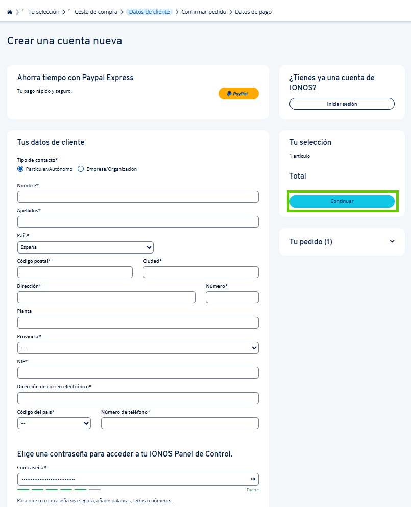 Captura de pantalla: formulario para crear una nueva cuenta de cliente en IONOS con campos para la dirección, información de contacto y contraseña