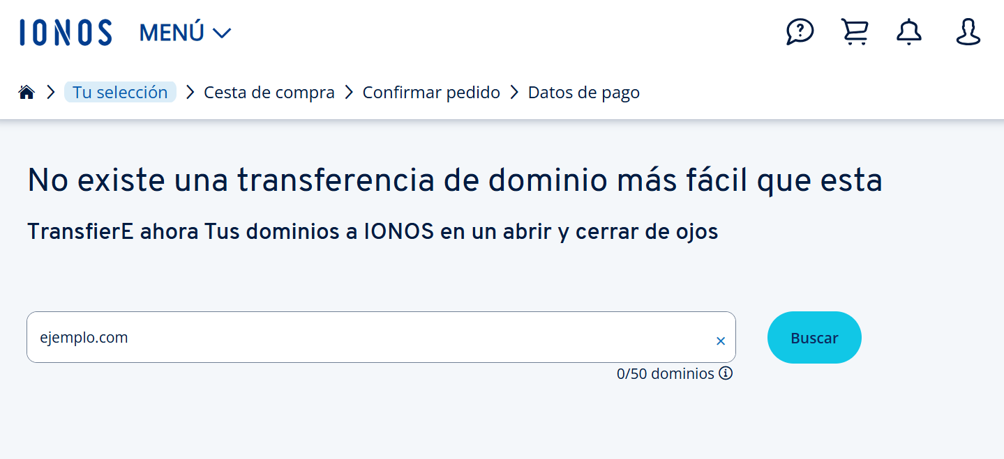 Captura de pantalla: página de inicio para la transferencia de dominios a IONOS con un campo de entrada para el nombre de dominio deseado