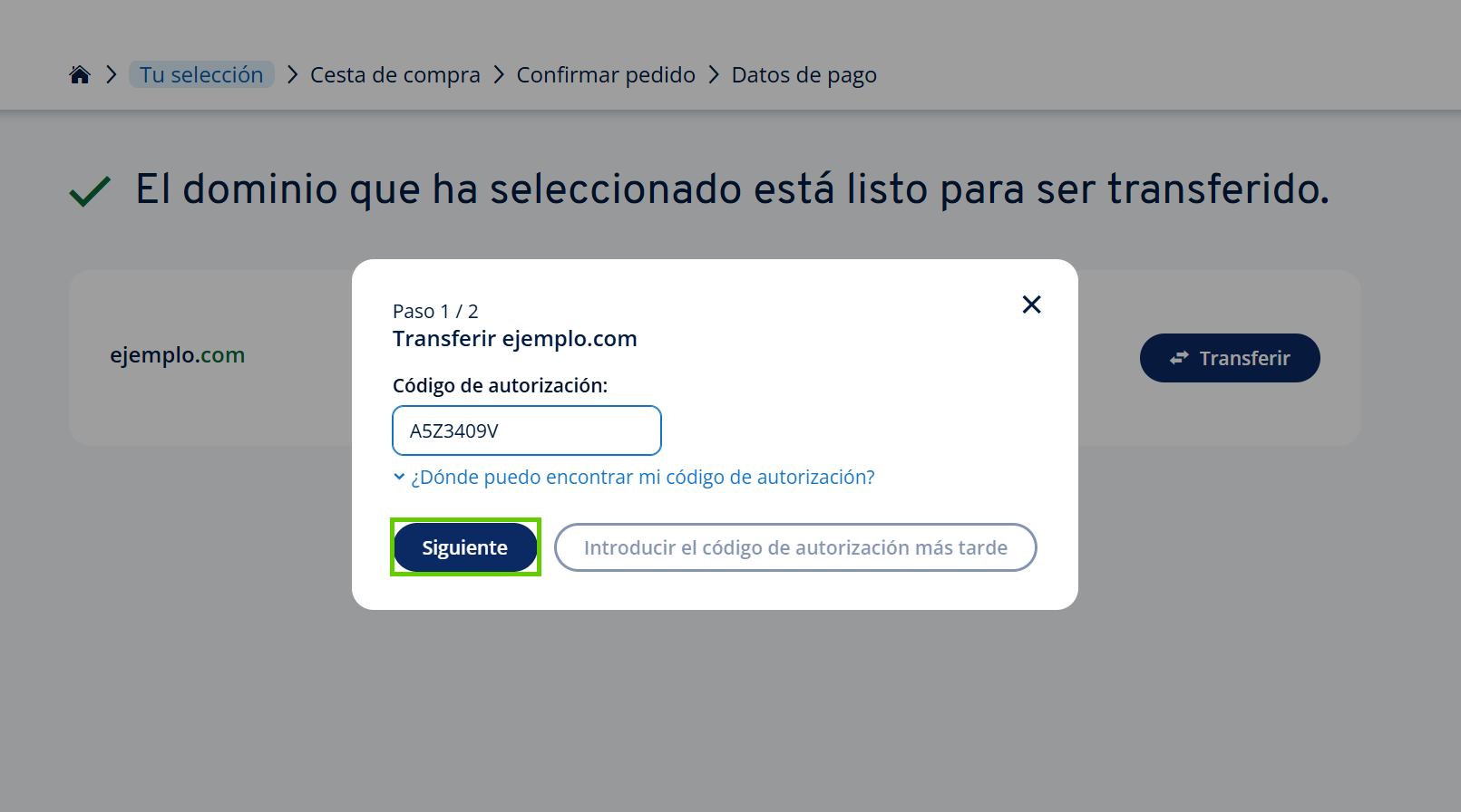 Captura de pantalla: ventana de diálogo para introducir el código de autorización para la transferencia del dominio a IONOS