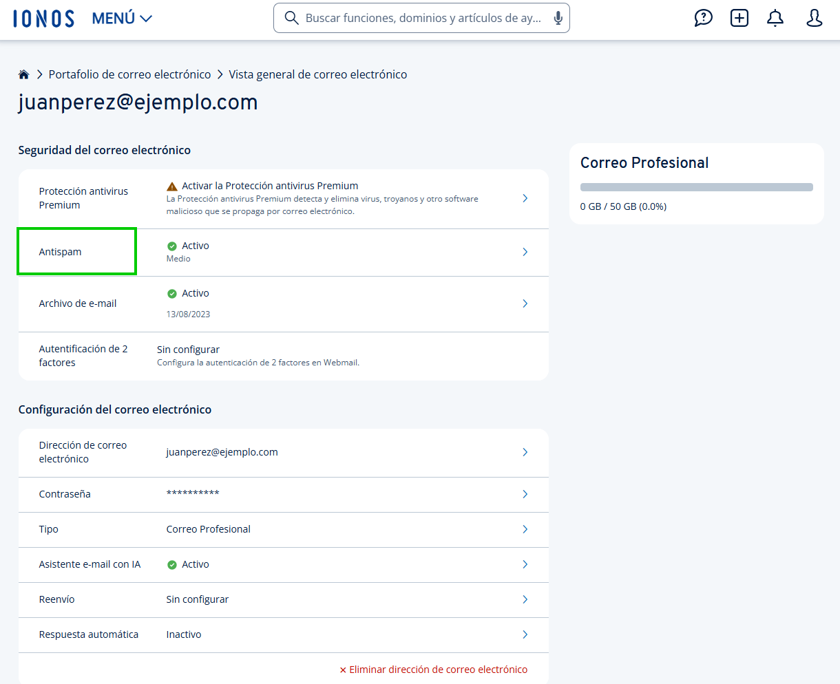 Captura de pantalla de los ajustes de la dirección de correo electrónico. En la configuración, la opción de antispam está resaltada