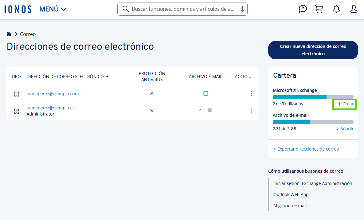 Captura de pantalla: aparece resaltado el enlace para crear una dirección de Microsoft Exchange en la página de direcciones de correo electrónico