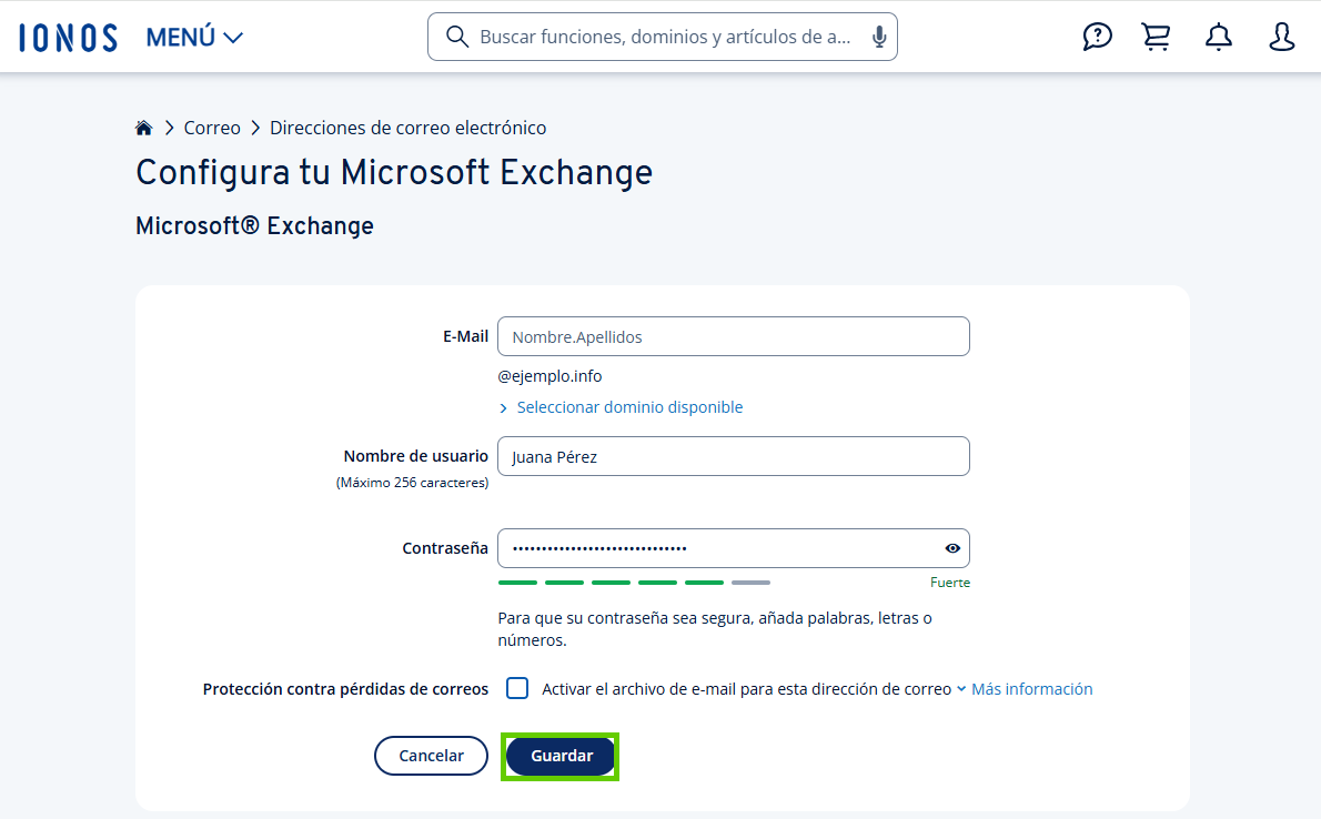Captura de pantalla: página para configurar una nueva cuenta en la que se resalta el botón para guardarla