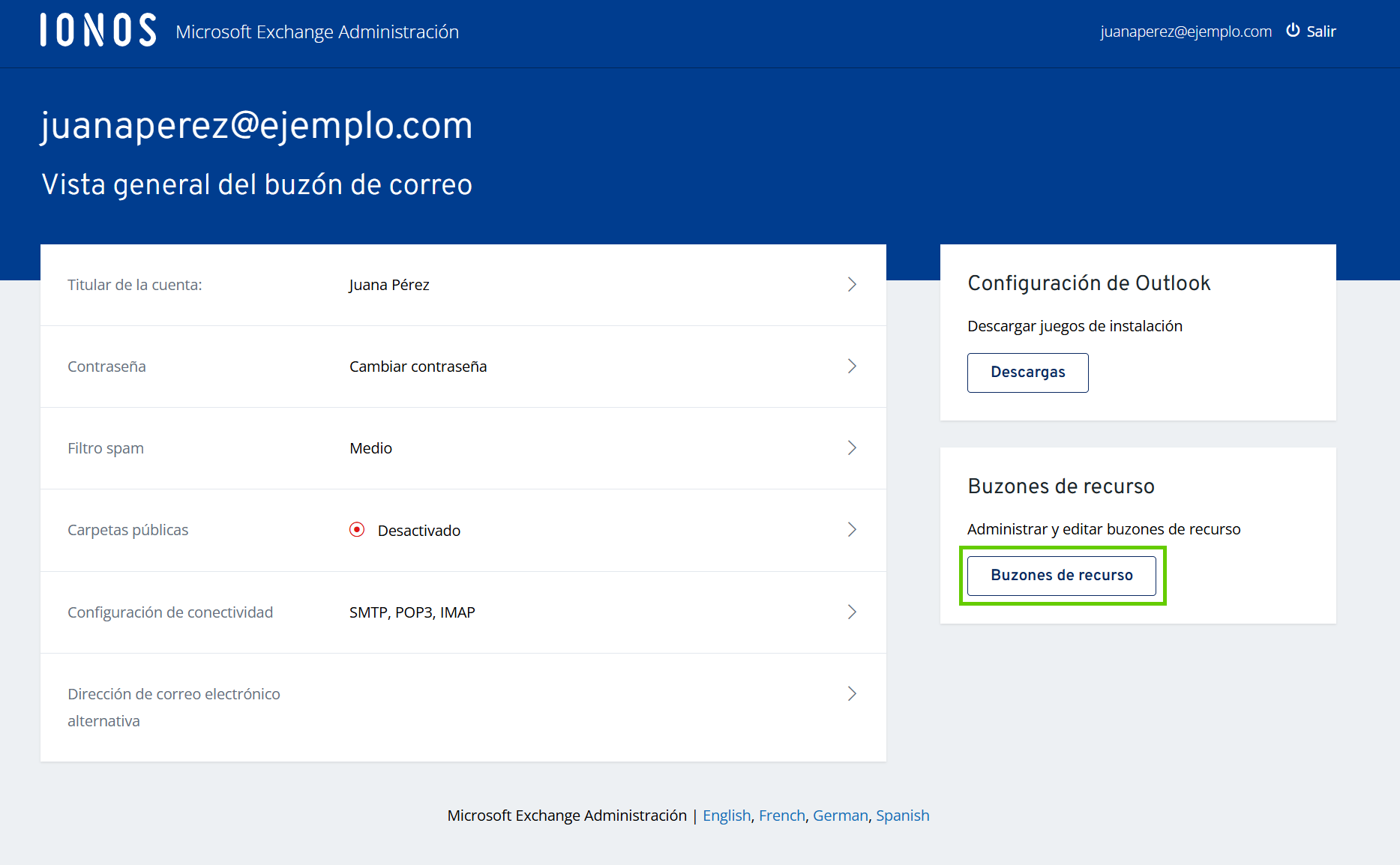 Captura de pantalla: Administración de Microsoft Exchange donde se resalta el botón para acceder a los buzones de recurso