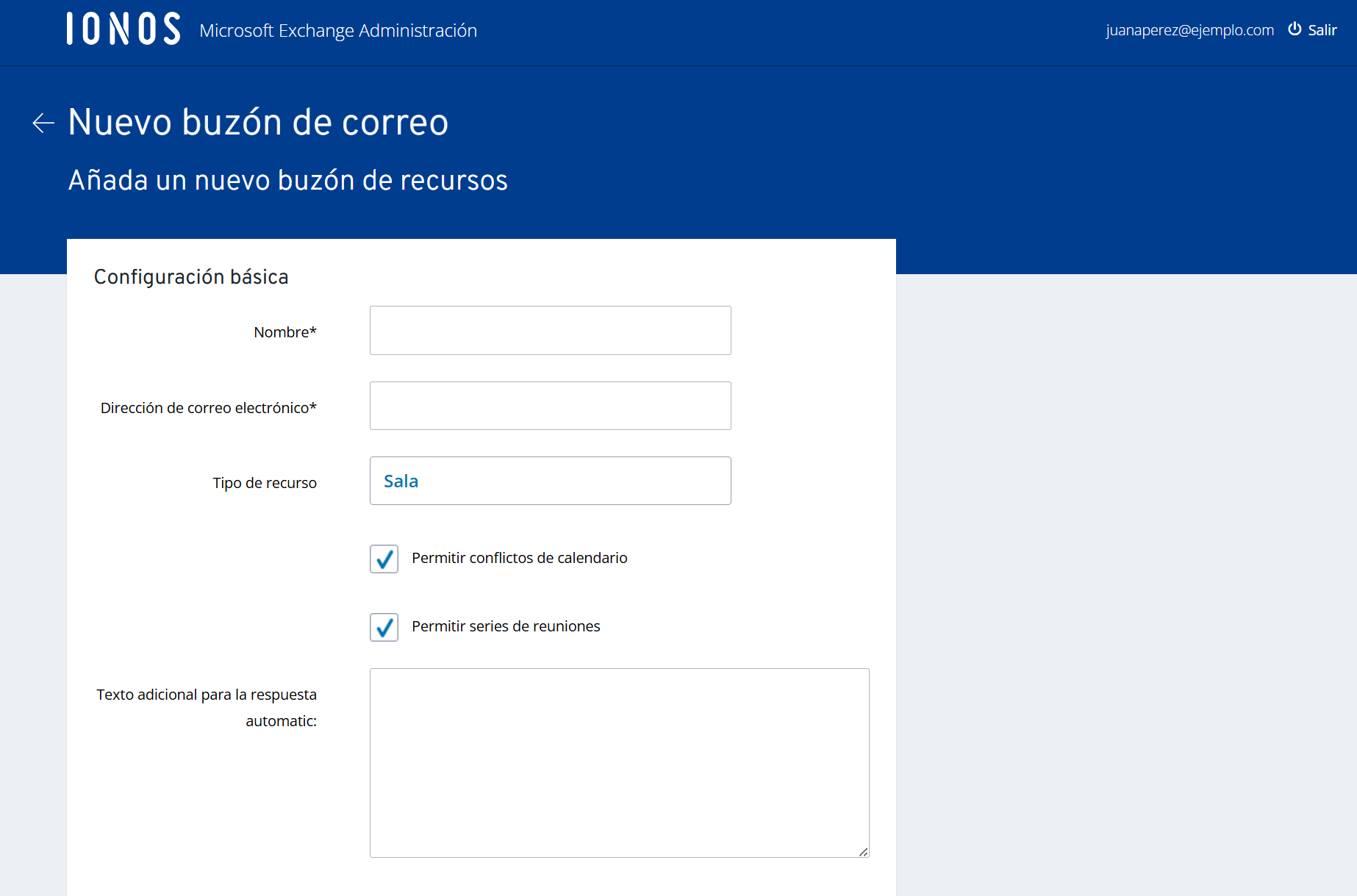 Captura de pantalla: sección donde rellenar los datos de configuración para crear un nuevo buzón