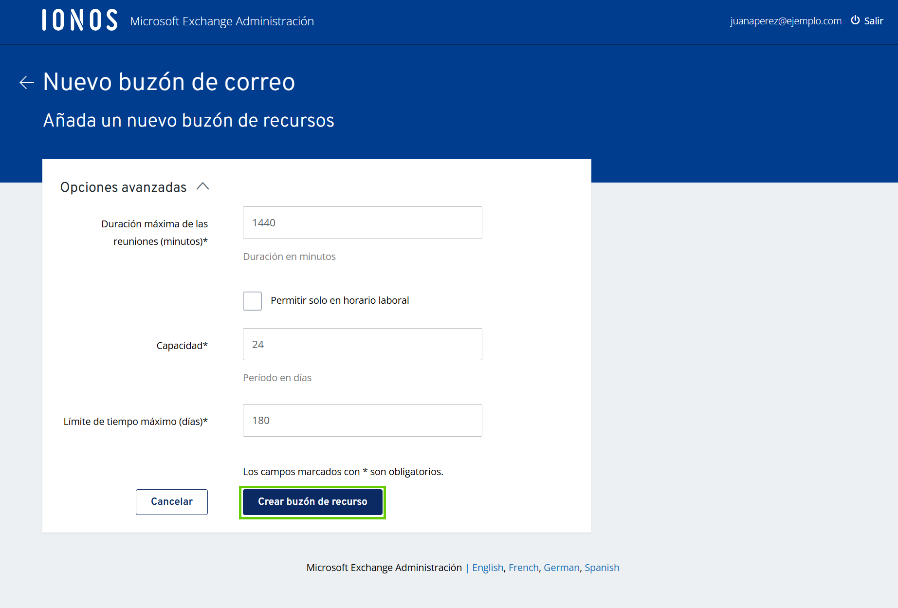Captura de pantalla: aparece resaltado el botón final para crear el nuevo buzón de recurso 