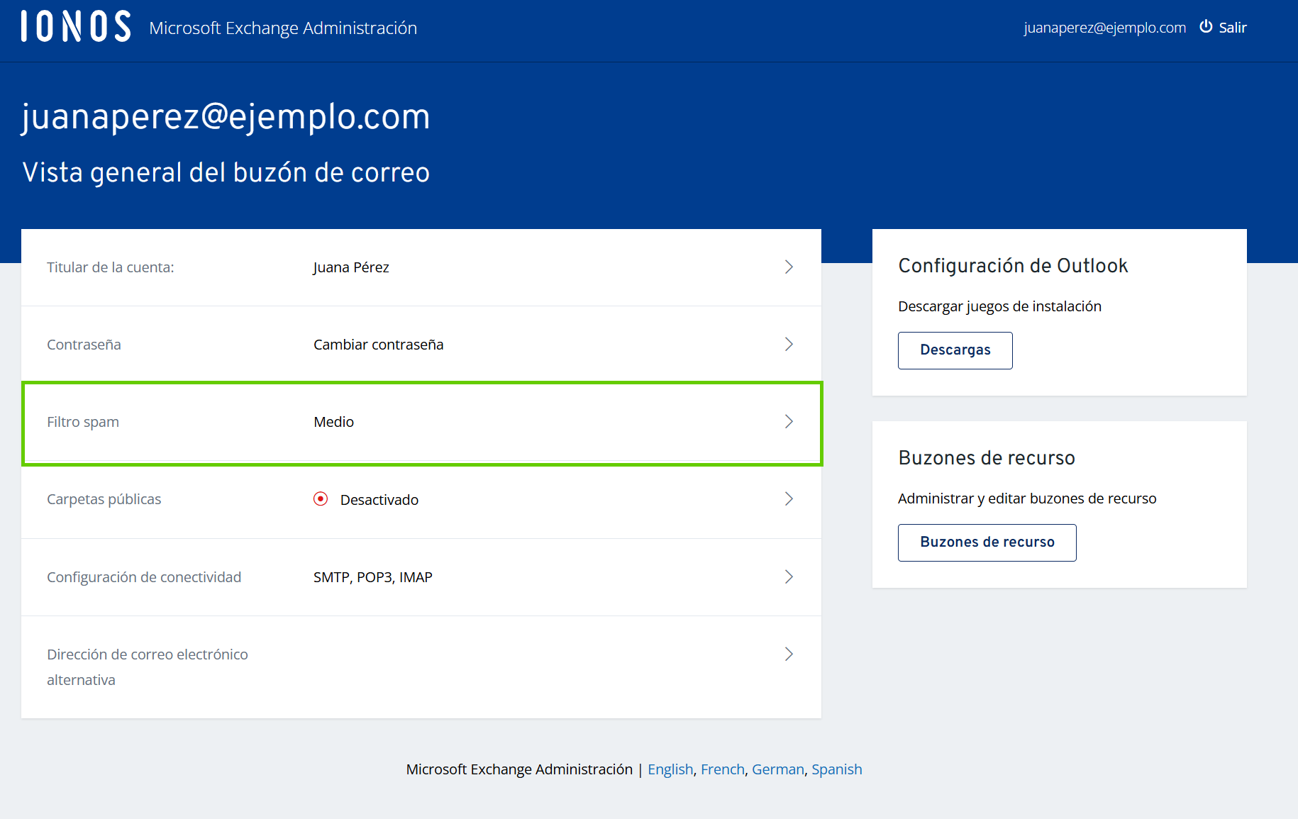 Captura de pantalla: administración de Microsoft Exchange donde aparece resaltada la opción del menú para configurar el filtro spam