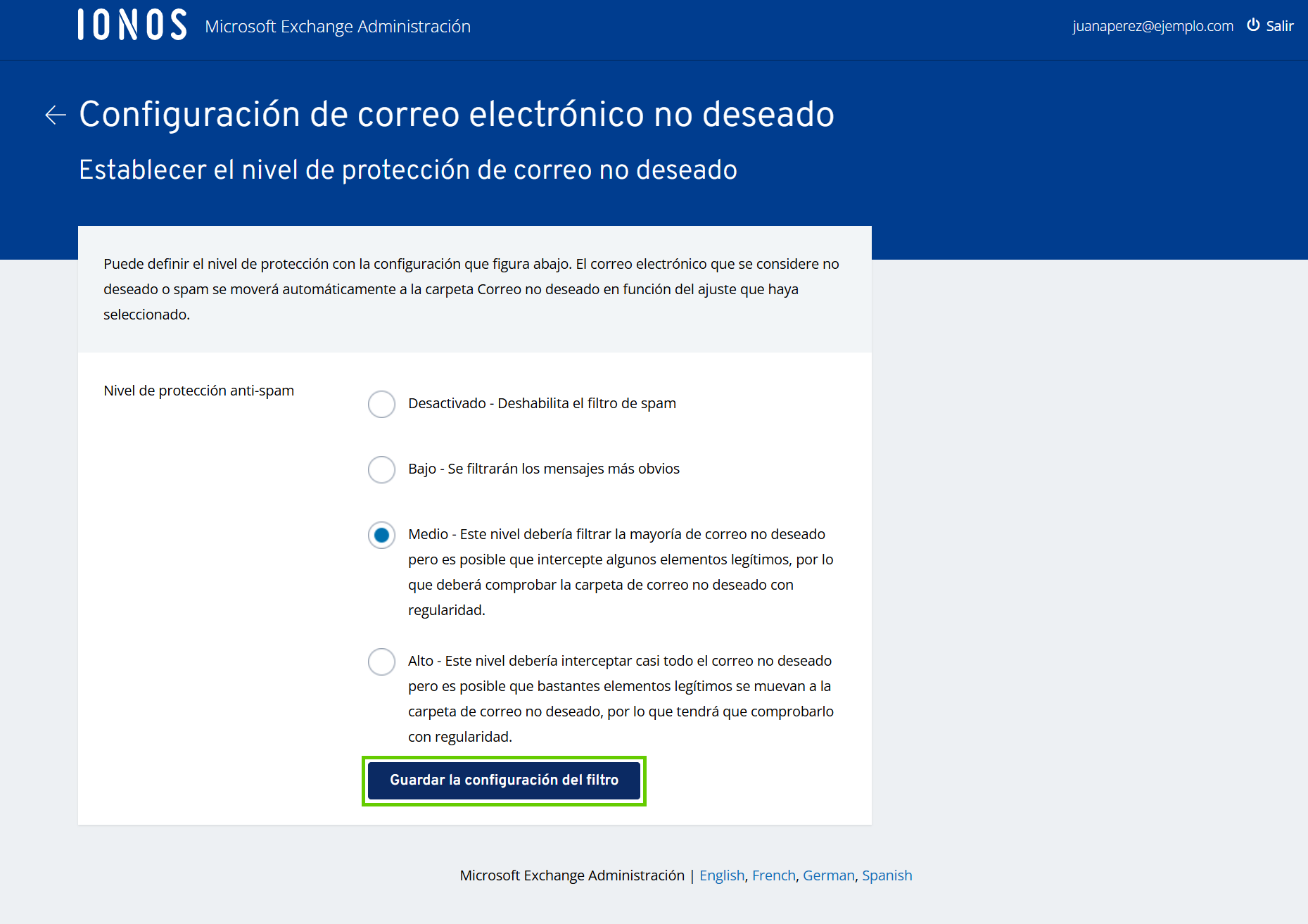Figura: aparece resaltado el botón para guardar la configuración para el filtro spam