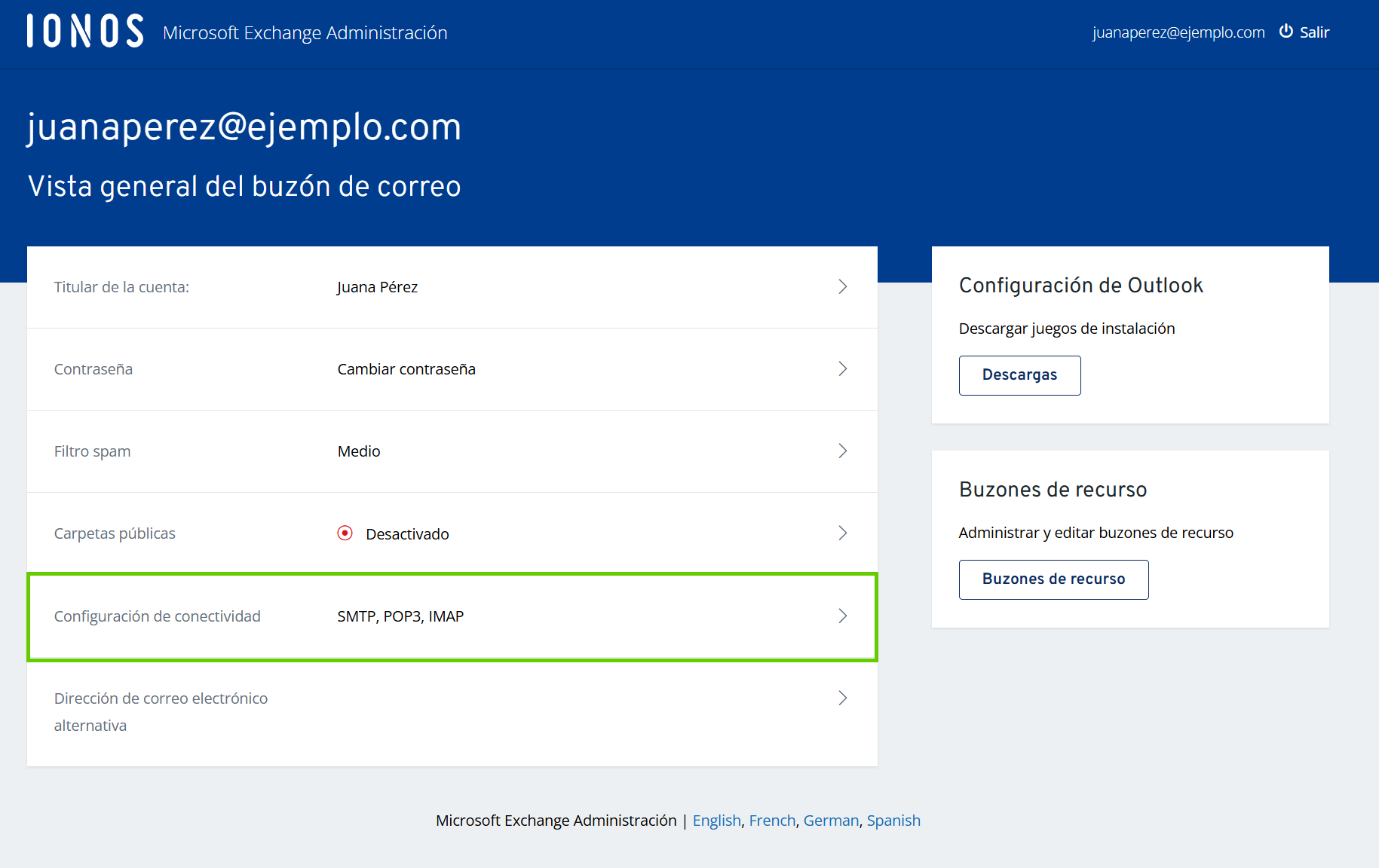 Captura de pantalla: en la herramienta de administración de Microsoft Exchange, aparece resaltada la opción del menú para configurar la conectividad