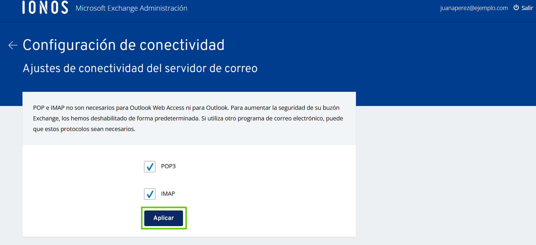 Captura de pantalla: aparece reslatada la opción para guardar la configuración de conectividad