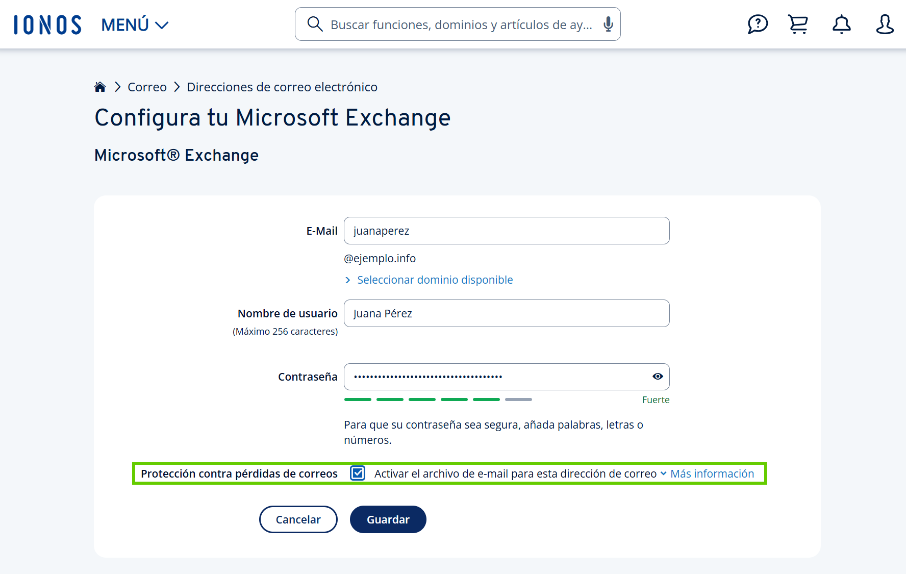 Captura de pantalla: en la vista de la dirección deseada, aparece resaltada la opción para activar Archivo e-mail 