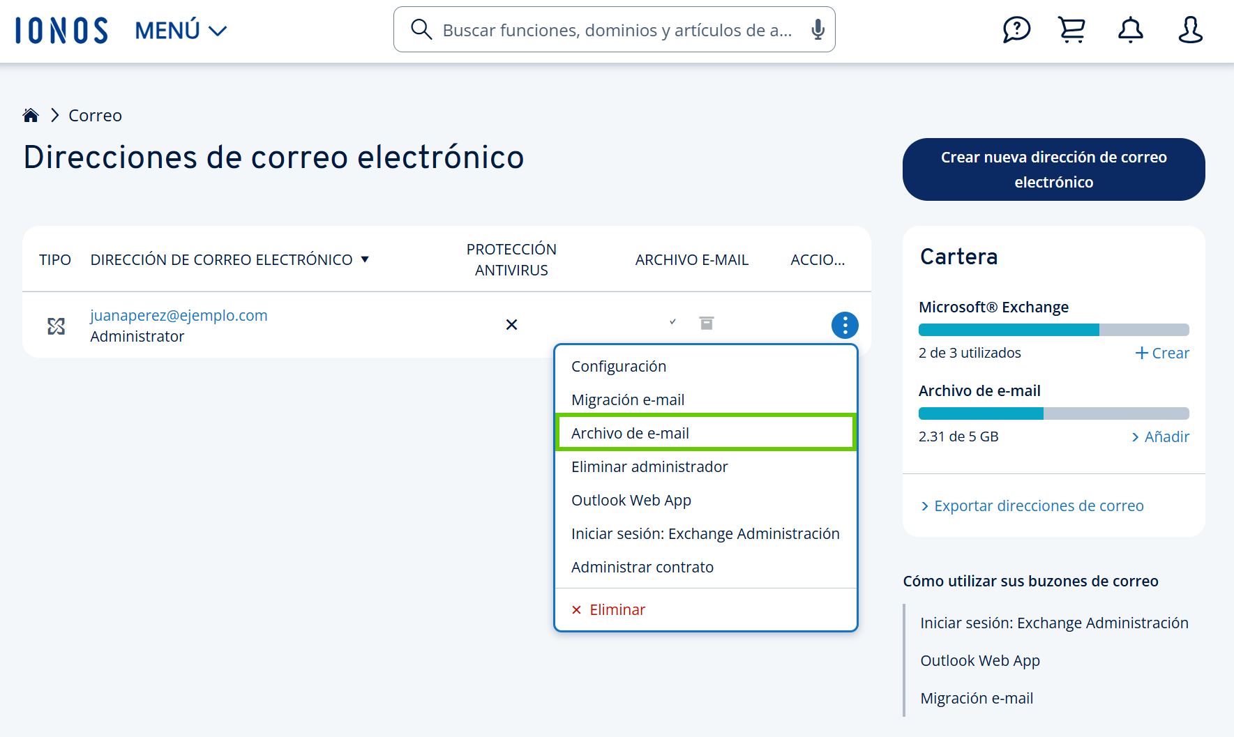 Captura de pantalla: en la vista de general con la lista de direcciones, aparece resaltada la opción para gestionar Archivo e-mail para la dirección deseada