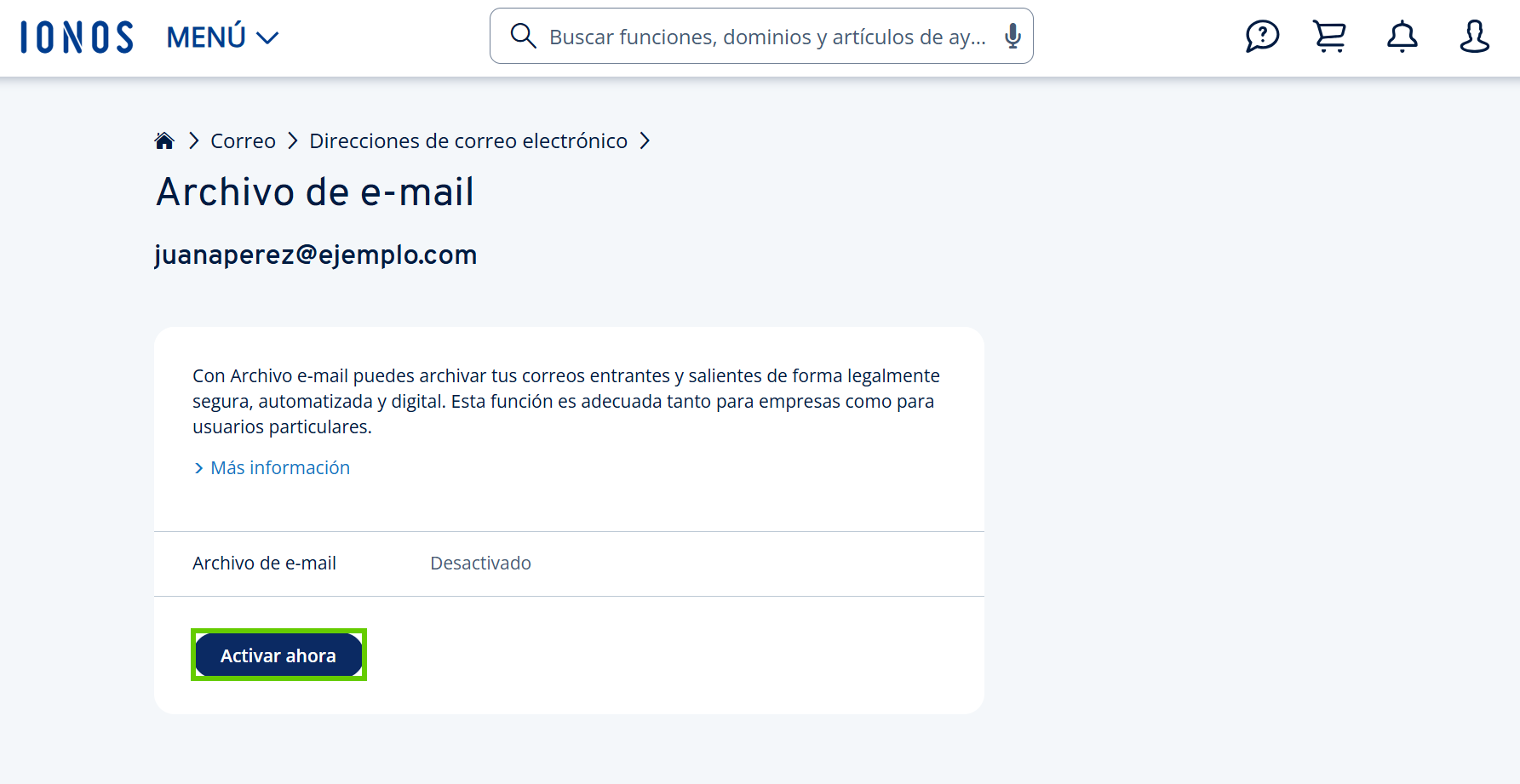 Captura de pantalla: en la vista de la dirección deseada, aparece resaltada la opción para activar Archivo e-mail 
