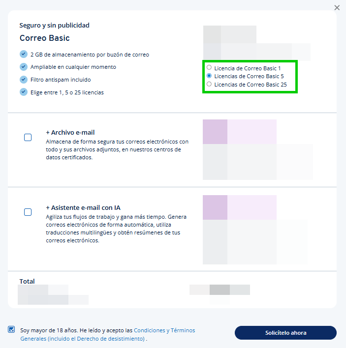 Captura de pantalla: ventana que muestra las opciones con el número de licencias puedes contratar