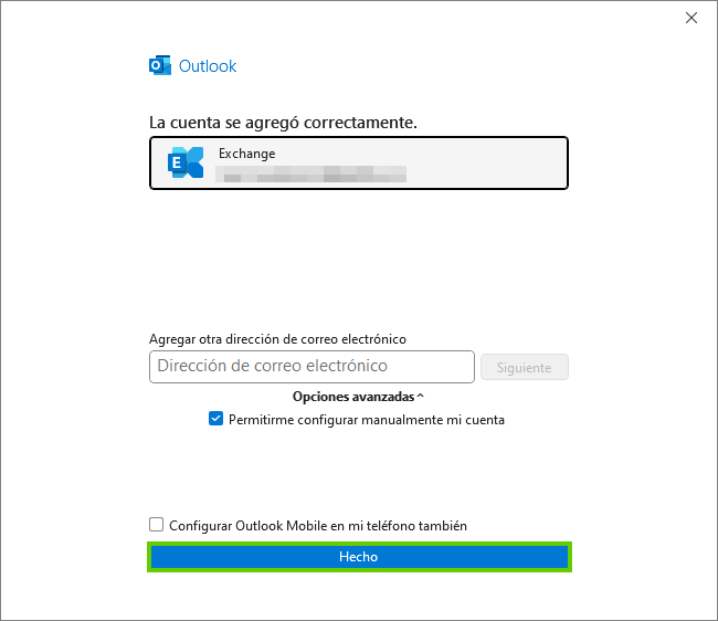 Figura: Cuadro de diálogo con mensaje sobre la correcta configuración de la cuenta en Outlook 2024