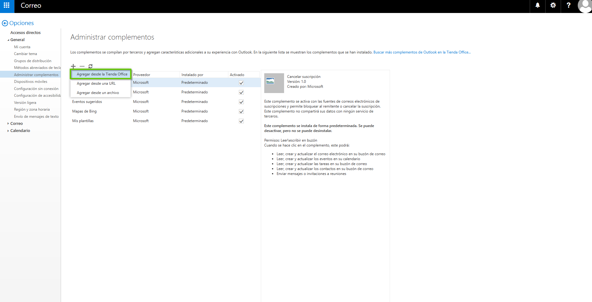 Captura de pantalla: se muestra la aplicación Outlook Web App. En la sección «Complementos», se muestra una lista de opciones debajo del símbolo «más». En esta lista, la opción «Añadir desde la Tienda Office» está resaltada.